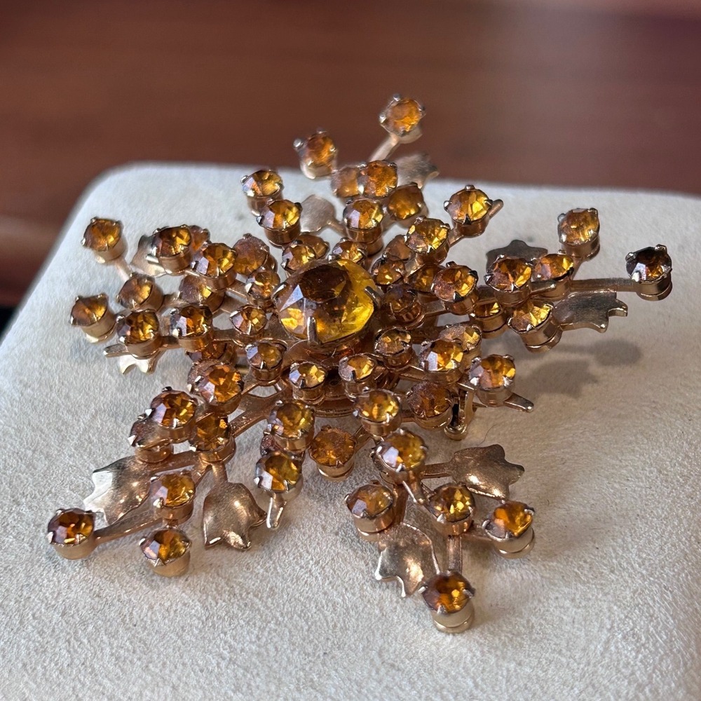 Vintage Amber Rhinestone Snowflake Brooch Gold Tone Starburst Statement Pin